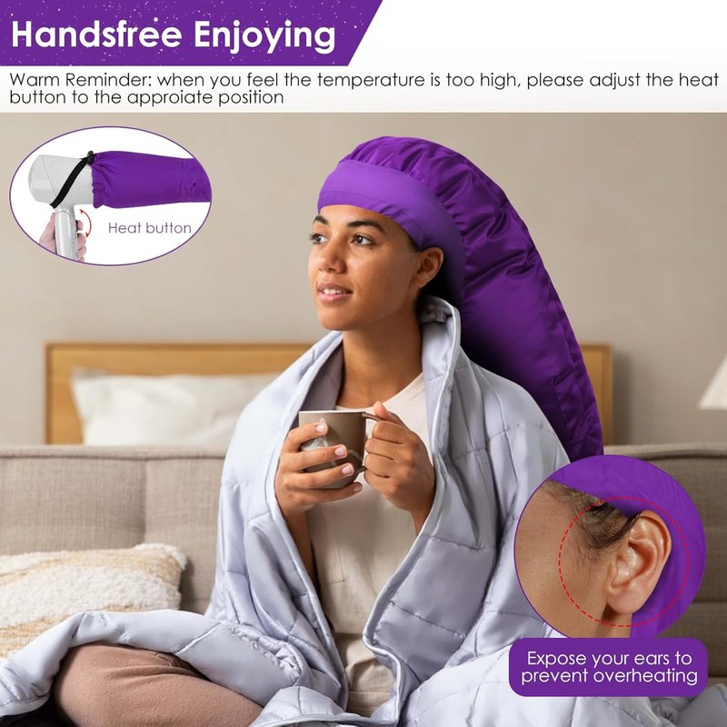 Hair Dryer Bonnet Attachment - Extra Large Adjustable Hooded Cap for Curly Hair Care | Fast Drying - Purple