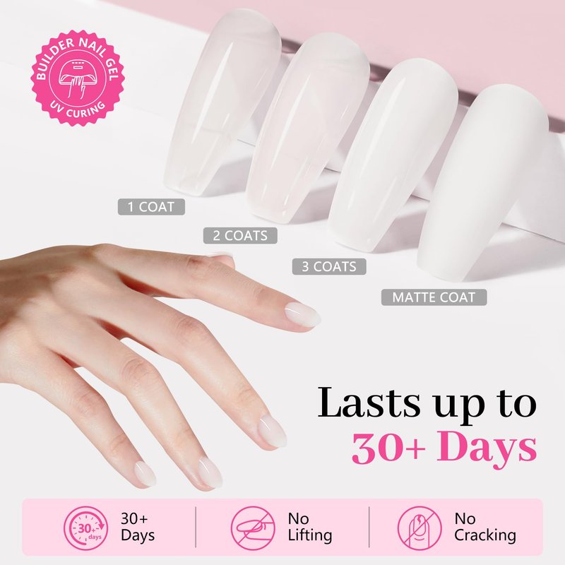 QIEK Builder Nail Gel, Milky White Builder for Nails Strengthener, 8-in-One Apex Enhancement Extension Hard Building Color Gel LED Lamp Cured Rubber Base Coat for DIY Beginners & Salon Manicure 16ML