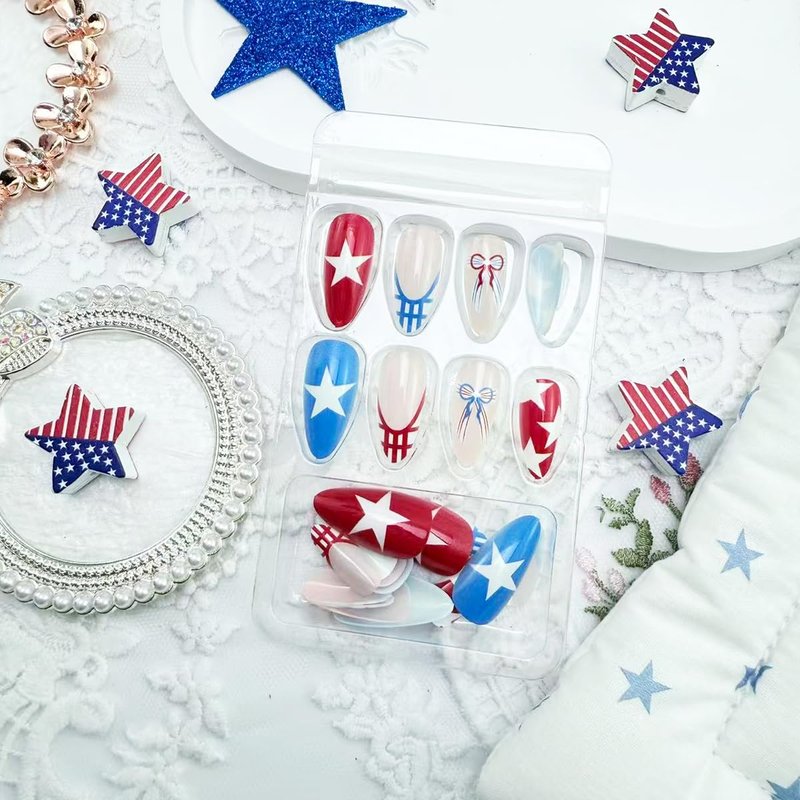 Patriotic 4th of July Press-On Nails - Medium Almond French Tip with Star & Bow Designs | Red, White, Blue Acrylic