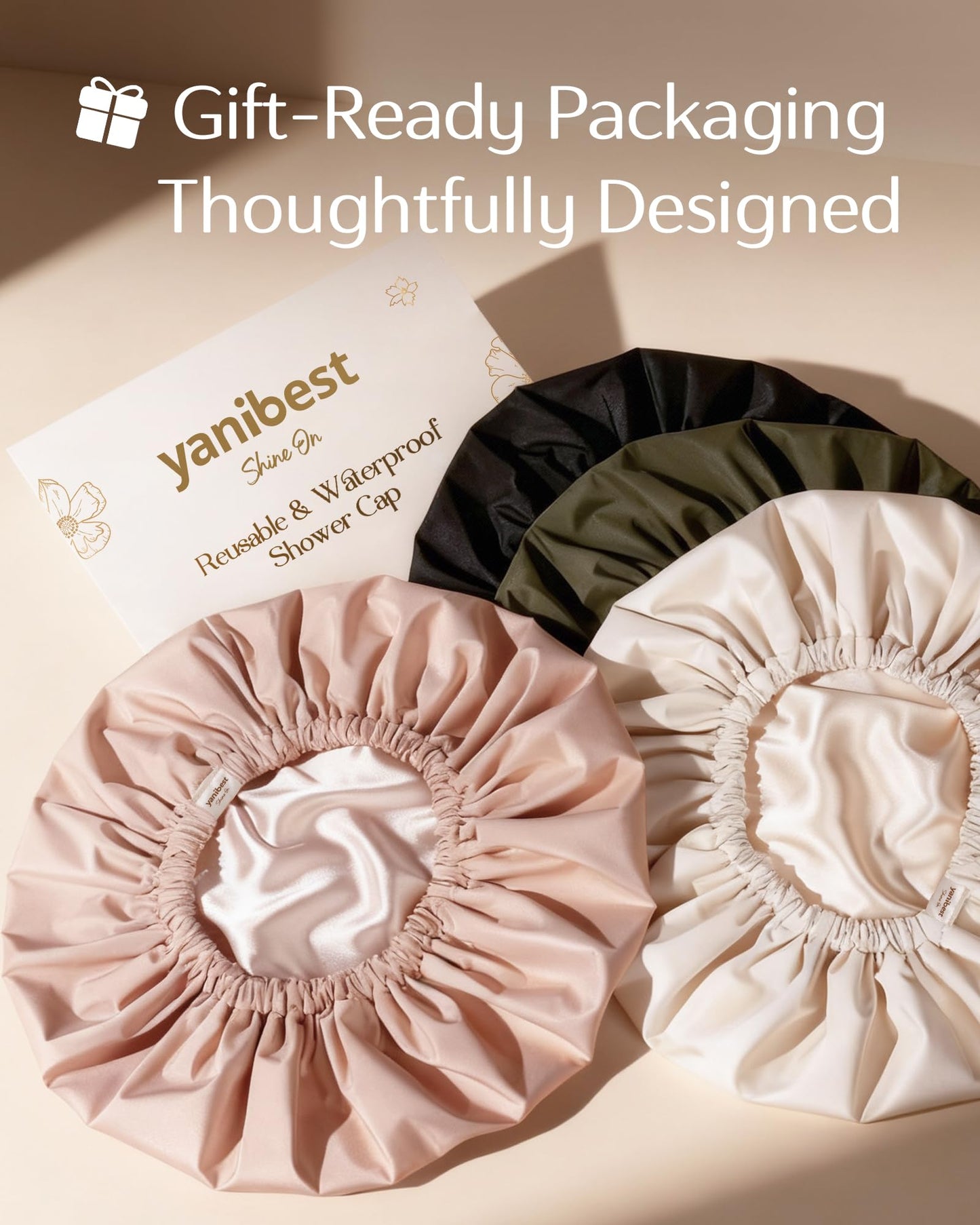 Yanibest Satin Lined Shower Cap for Women Reusable Waterproof, Frizz Free & Large Bath Cap with Soft Elastic Band, Luxury Hair Protection Caps (Beige)