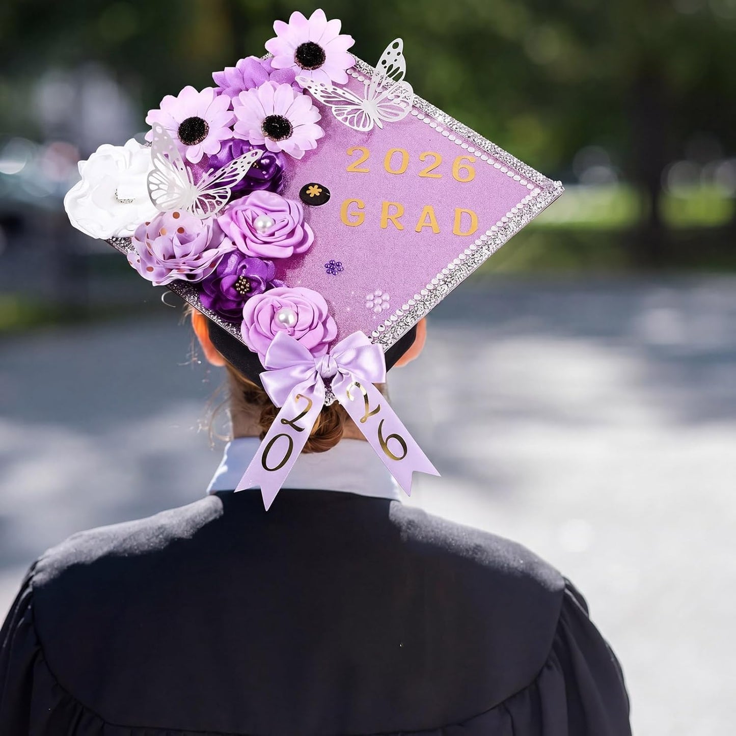 Wavwavw Graduation Cap Decoration Kit - 62 Pcs with Faux Flowers, 3D Butterflies & Rhinestones | Purple