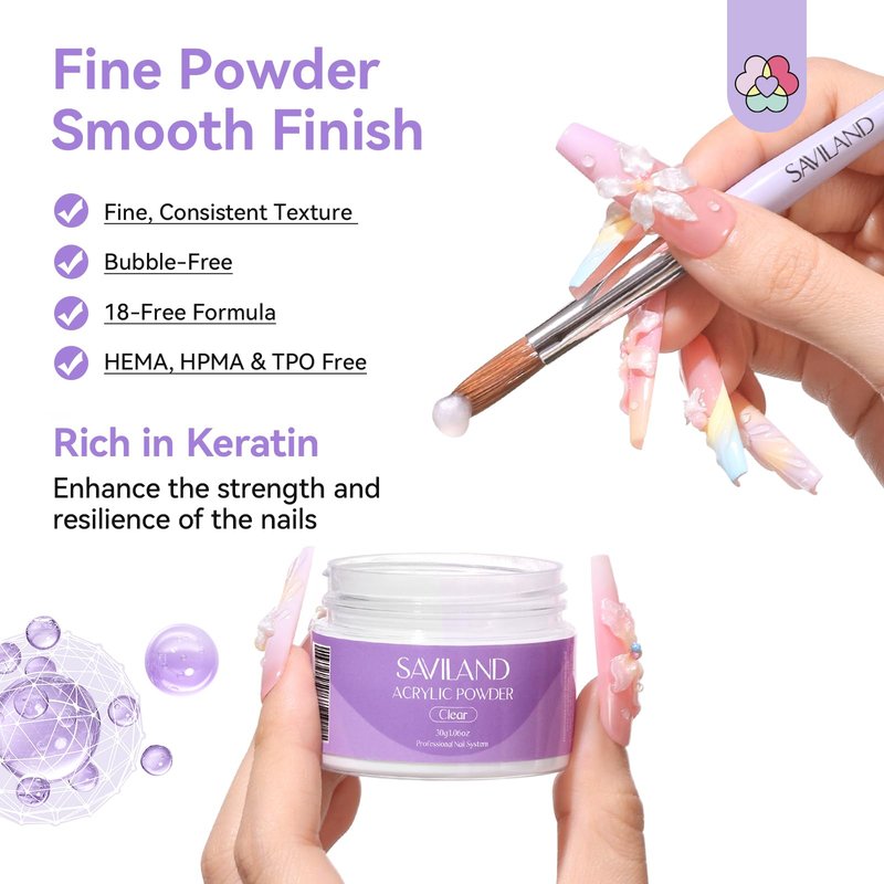 SAVILAND Acrylic Nail Kit for Beginners: Nails Kit Acrylic Set with 30g Clear Acrylic Powder and Liquid, Brush, Forms, File, Dappen Dish for Extensions & 3D Nail Art Sculpting, Home DIY Salon Manicure