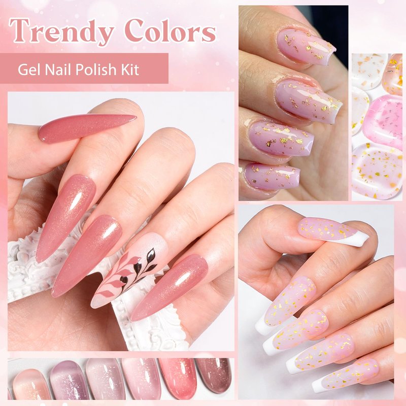 MSRUIOO 6Pcs Rubber Base Gel Nail Polish Set Pink Gold Foil Builder Base Gel Nude Brown Extension Gel for Nails at Home Salon DIY Beginner