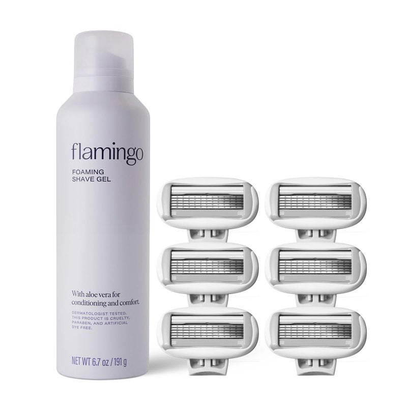 Flamingo Foaming Shaving Gel and Original Razor Blade Refill Cartridges - 6 Count - Shaving Razor Set for Women