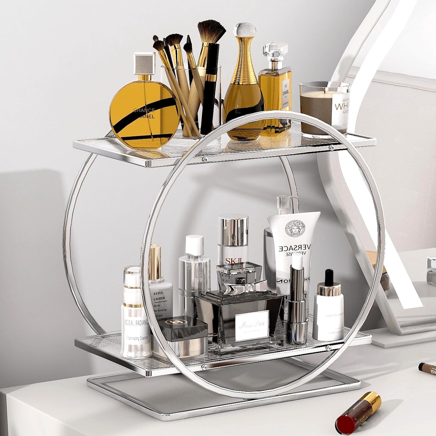 YIWANFW Perfume Organizer for Bedroom Dresser- Sliver Makeup Organizers for Vanity, 2 Tier Bathroom Countertop Organizer Perfume Tray Skincare Storage Cosmetic Display Rack, Make Up Counter Shelf