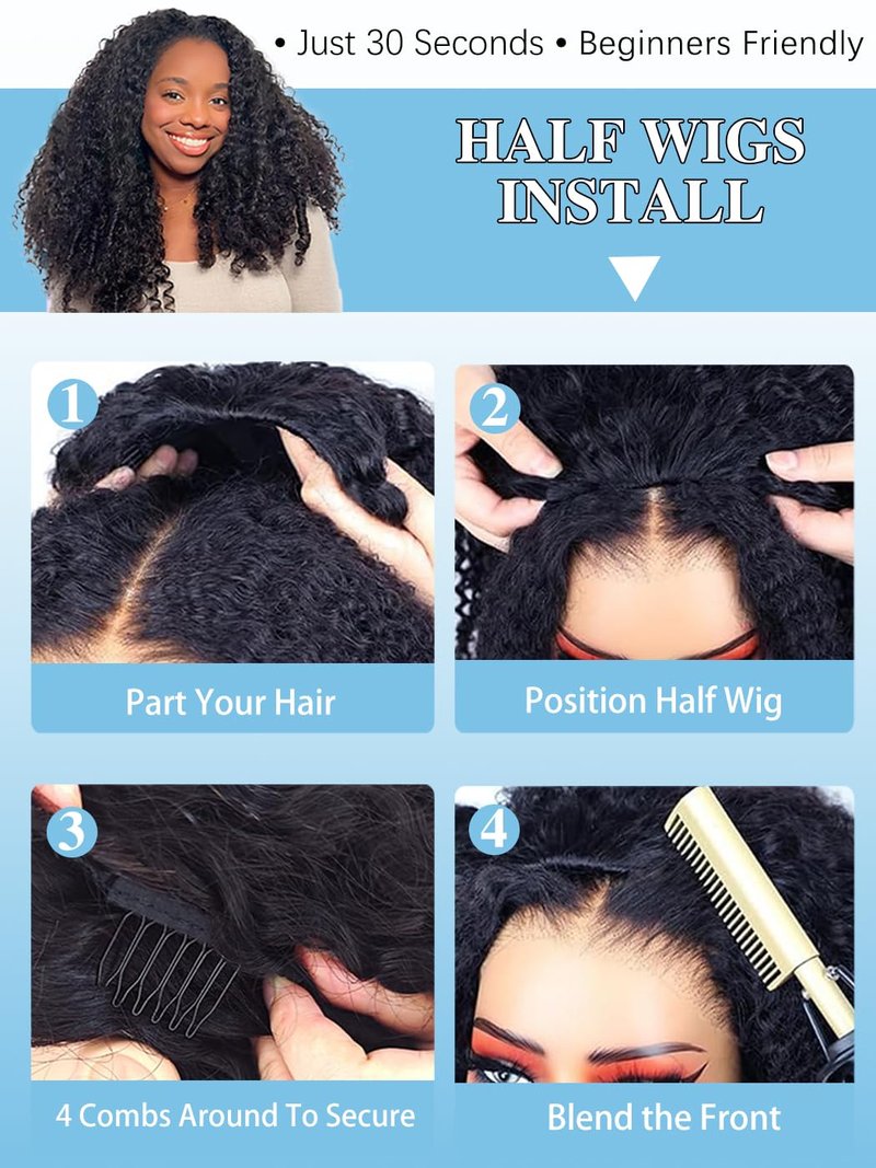 Skiennix 26 Inch Burmese Curly Half Wig - Glueless Wear & Go Design for Black Women, 180% Density