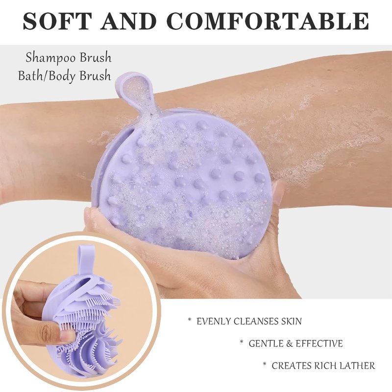 Douji Double-Sided Silicone Body Scrubber Shower Bath Brush, Handheld Cleansing Skin Brush for Sensitive Kids Women Men All Kinds of Skin（Purple）