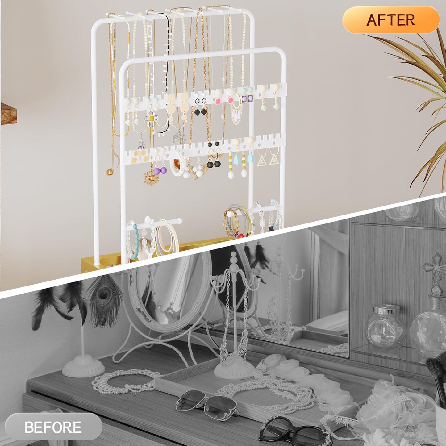 ZQUYAJ Makeup Organizer Cart with 3 Drawers, Jewelry Organizers and Storage for Earring Necklace, Large Vanity Storage Organizer for Skin Care Perfume Make up Brush Nail Polish Hair Tool (Gold)