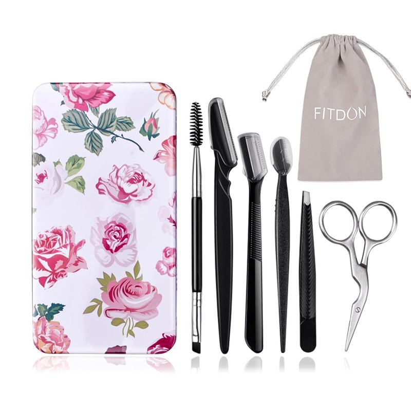FITDON Eyebrow Grooming Set - Precision Tweezers, Curved Scissors & 3 Brow Razors | Complete Eyebrow Care Kit