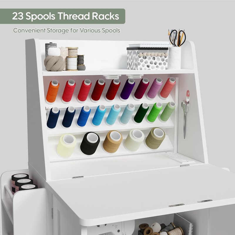 Foldable Sewing Cabinet with Power Outlet, Rolling Sewing Table with Storage and Lockable Wheels, Portable Folding Craft Table with Side Thread & Tool Storage for Quilting & Home Sewing (White)