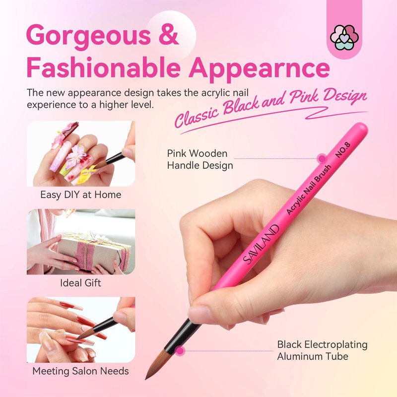 SAVILAND Acrylic Nail Brushes Set: Sizes 8, 10, 14 Nail Brushes for Professional Acrylic Powder Applications, Nails Extension, 3D Carving for Home Salon DIY Nail Art Brush Manicure Acrylics Tools Pink