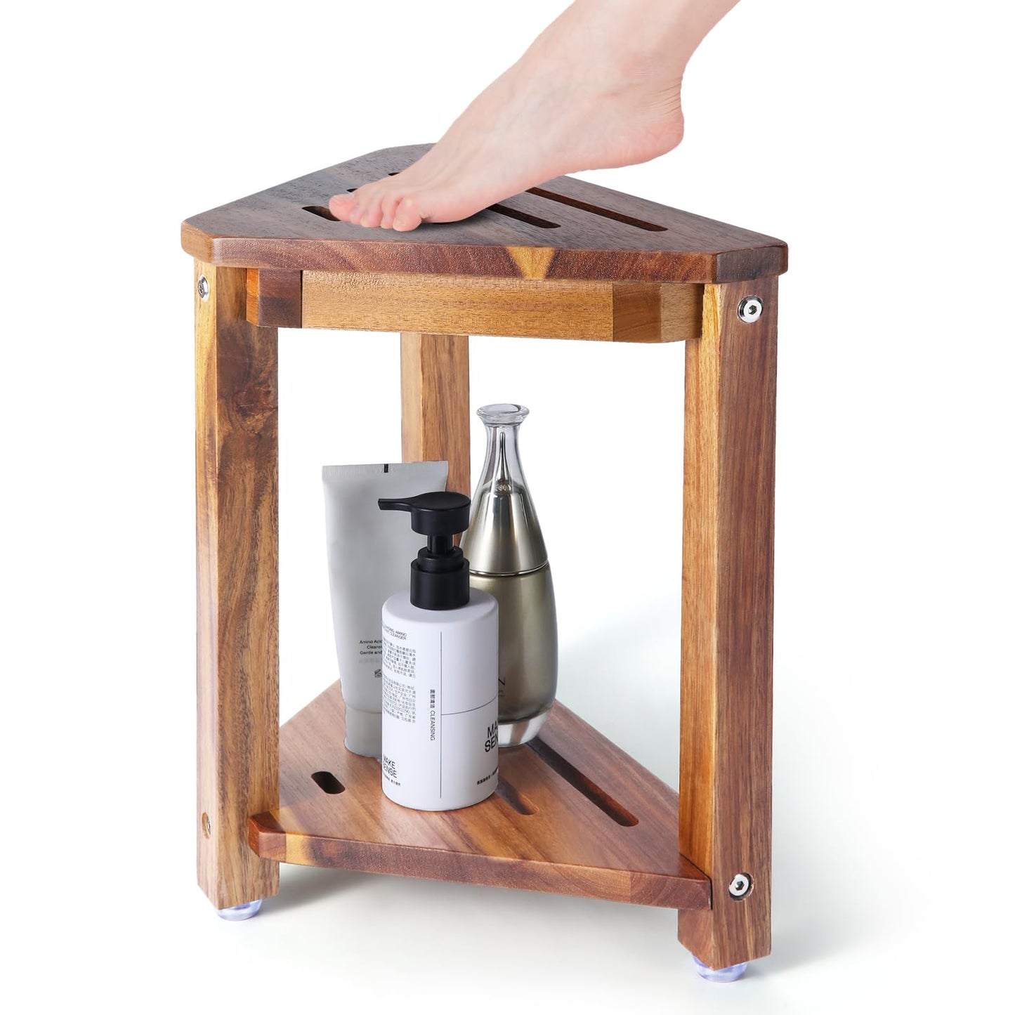 Yaoyiizy Shower Foot Rest 13.5in, Acacia Wood Shower Stool for Shaving Legs, Small Foot Stool with Storage Shelf, for Inside Small Shower Spaces