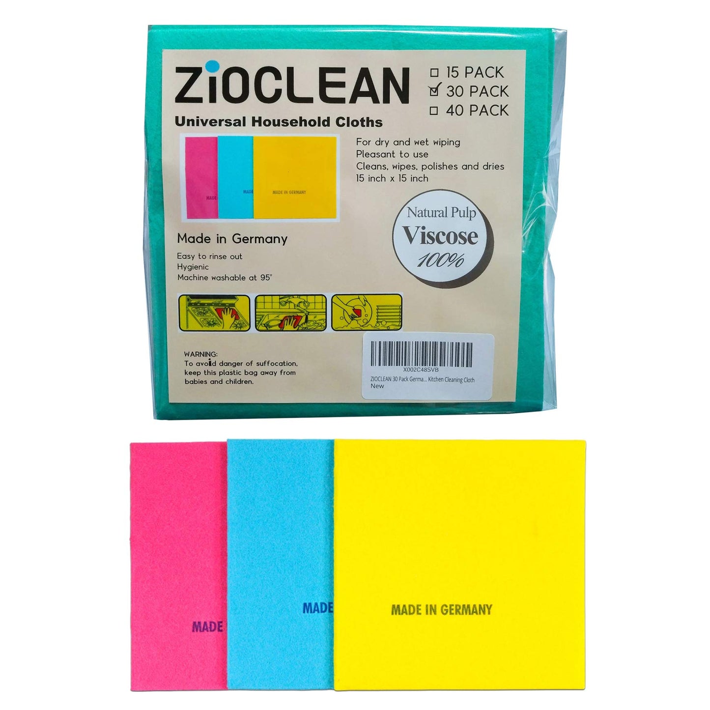 ZIOCLEAN 30 Packs German Universal Household Color Dish Cloths 15 inch x 15 inch Wide Size Machine Washable Super Absorbent, Drying Eco-Friendly Cloth