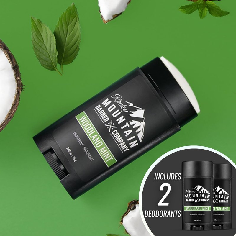 Rocky Mountain Barber Company Natural Deodorant for Men - Aluminum Free, Plant-Based, Peppermint Scent - 2 Pack, 2.65 oz Each