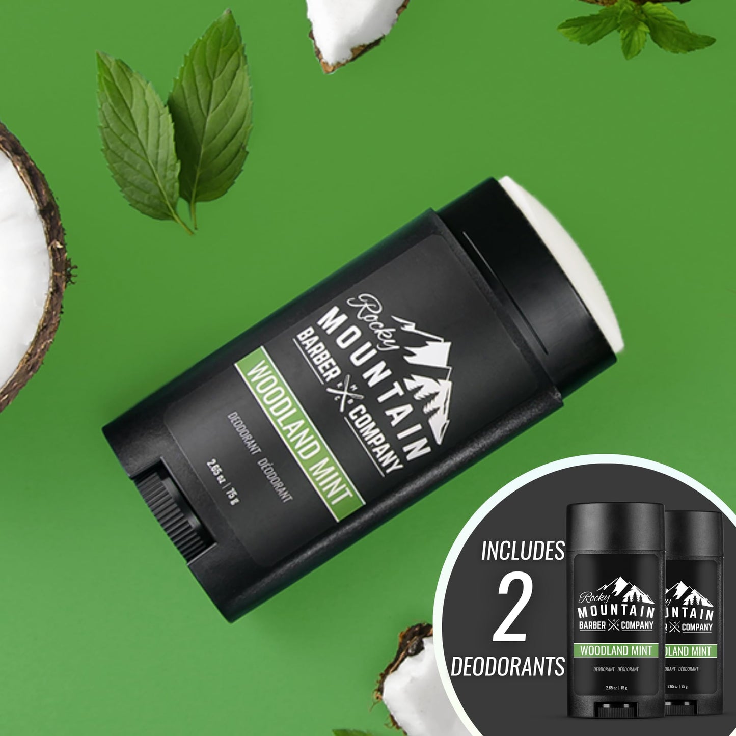 Natural Deodorant for Men – 2 Pack - Aluminum Free - Made in USA with Simple, Plant-Based Ingredients & Peppermint Essential Oil – Woodland Mint Scent – 2.65 oz each by Rocky Mountain Barber Company