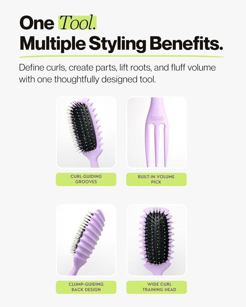 Purple Mango Beauty Curl Trainer Pro Curl Defining Brush for Curly & Wavy Hair, Styling Brush with Built-In Volume Pick - Purple