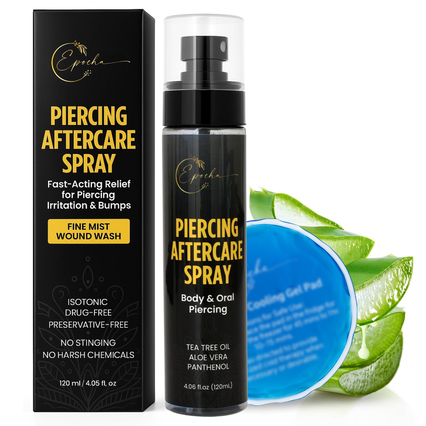 Epocha 4oz Piercing Aftercare Spray with Panthenol & Tea Tree Oil –Saline Solution for Piercings | Piercing Bump Solution & Keloid Bump Removal for Ears, Belly, Nose –Aftercare for New & Old Piercings