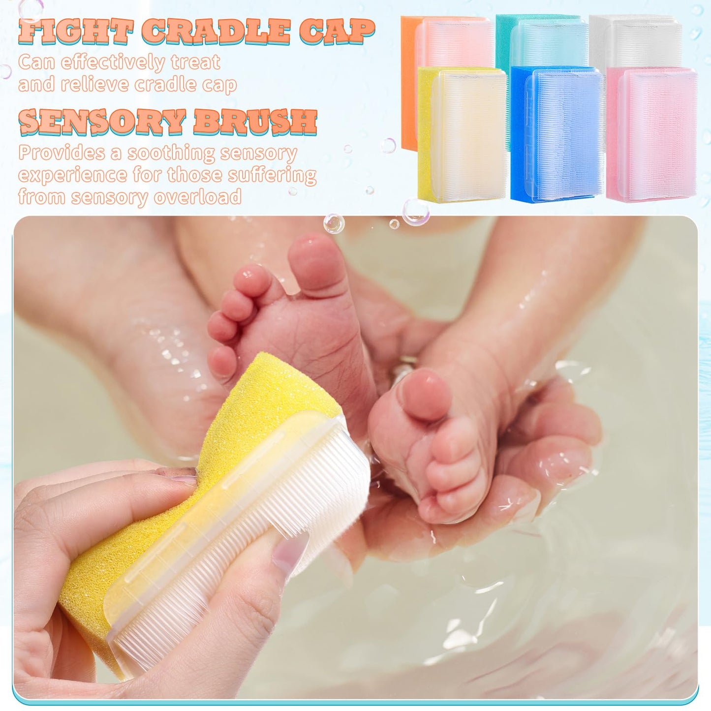 Sunnyray 6 Pack Bath Sponges Soft Foam Scrubber with Cradle Cap Bristle Brush 2 in 1, Cleansing Body, Hair and Scalp Cleansing, Gentle on Baby and Toddler Sensitive Skin, Sterile and Safe