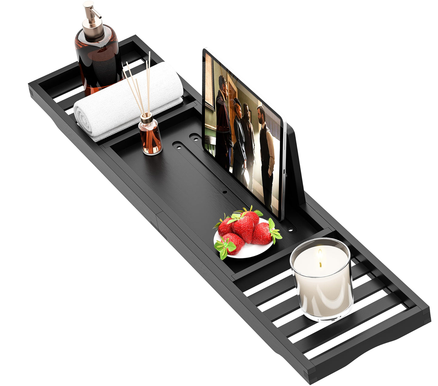 Bathtub Tray Black - Bath Tray Expandable - Bath Table Trays for Bathtub/Tub,Premium Bamboo Wooden, Fits Most Bath Tubs