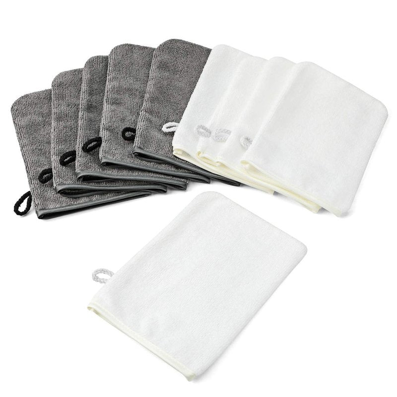 PHOGARY 10 Pack Microfiber Body Wash Mitts, Soft Face Mitten, Bath Spa Cloth, Reusable Makeup Remover Mitt Gloves, European Style Wash Cloth, 6×8 inch, White and Grey