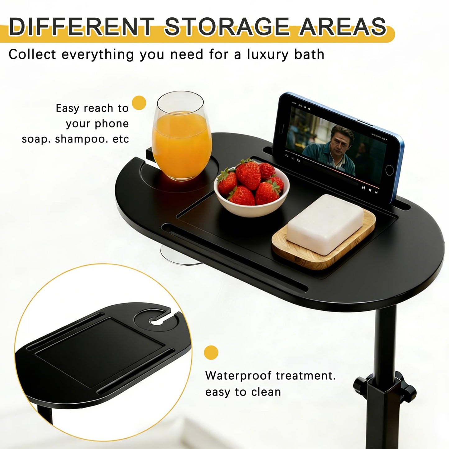 3-Tier Freestanding Bathtub Tray Table, Bamboo Swivel Bathtub Side Table with Height Adjustable Design, Standing Bath Tray for Tub Against Wall, Bathroom Organizer for Luxury Home Spa (Black)