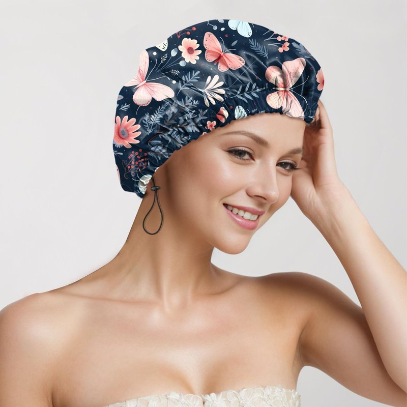 Deokke 2 PCS Shower Cap Reusable Waterproof Adjustable Double Layer Elastic Dry Hair Bathing Caps Aesthetic Cute for Women Girls-Butterfly Flower