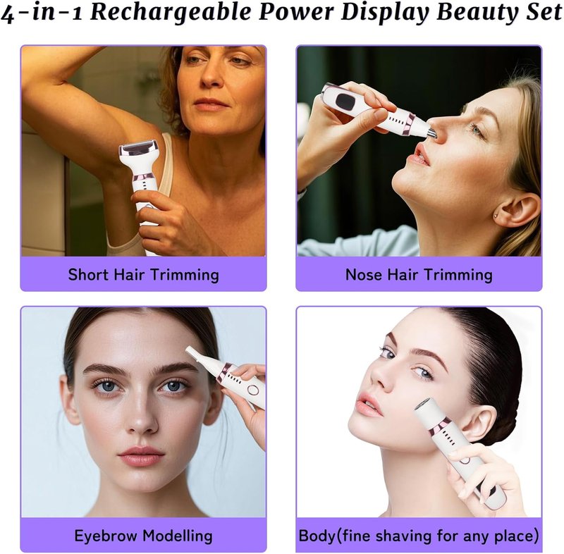 Electric Razor for Women & Men - 4-in-1 Rechargeable Shaver with LED Display | Painless Hair Remover for Body, Face, Nose, Bikini, Arms (White)