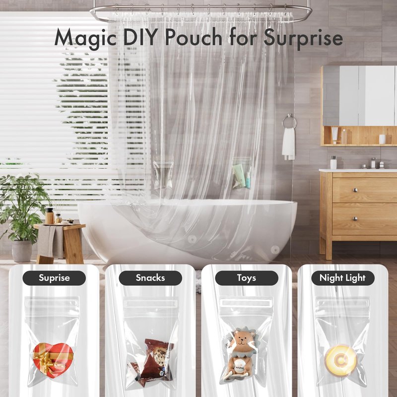 AmazerBath Shower Curtain Liner with 2 Weights Pockets, 72x72 Innovative No Blowing Clear Plastic Shower Liner with 2 DIY Weighted EVA Pockets & 3 Magnets, Waterproof Shower Curtain for Bathroom Stall