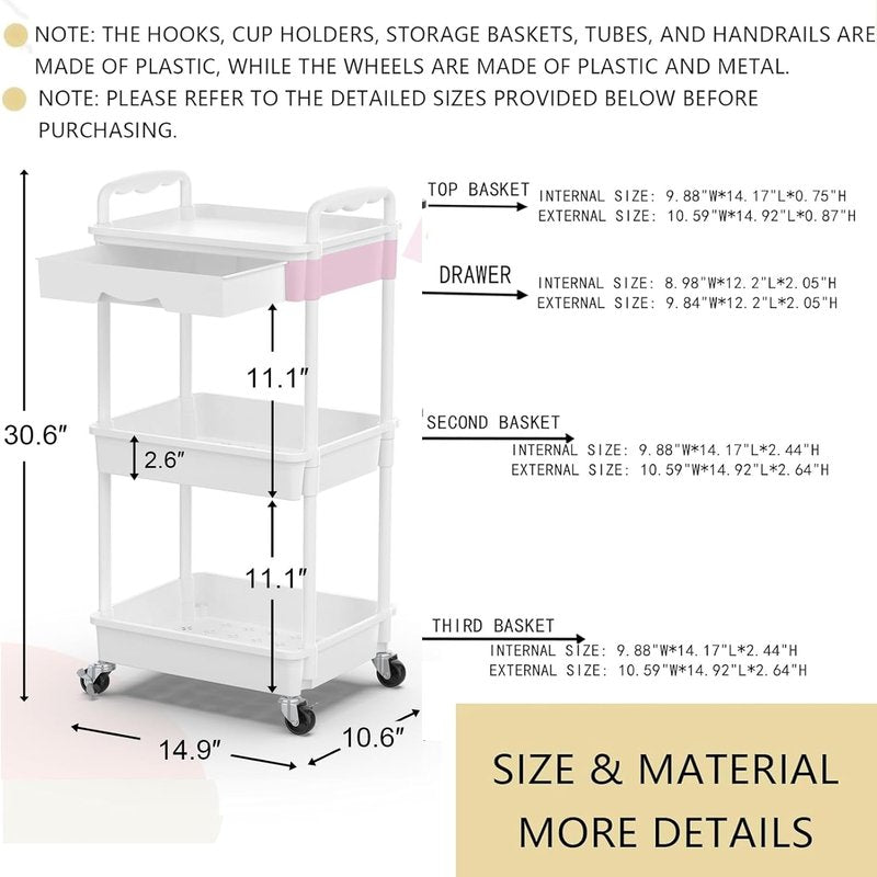 Goovilla 3-Tier Rolling Utility Cart - Sturdy White Organizer with Removable Drawer & Lockable Wheels