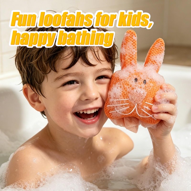 Kids Loofah, Cute Cartoon Animal Kids Bath Sponge with Hanging Rope, Soft Double Mesh for Rich Lather (Little Orange Rabbit)
