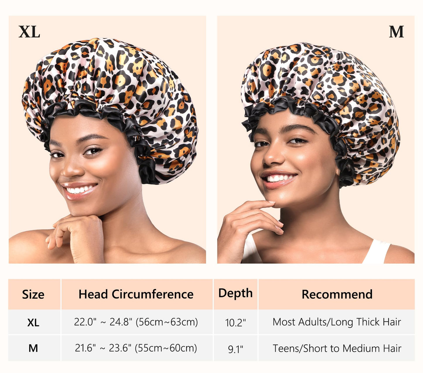 mikimini Large Shower Cap for Women Long Hair, Leopard Stylish Shower Caps with Black Lace, Double-layer Waterproof, Reusable, Washable