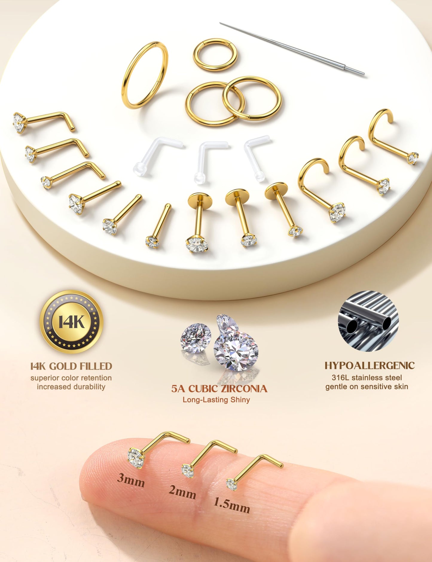 14K Gold Filled Nose Rings Studs Hoops for Women Men: 18G 316L Surgical Stainless Steel Hypoallergenic Dainty Simulated Diamond L Shaped/Corkscrew/Straight/Push Back Nostril Nose Piercing Jewelry
