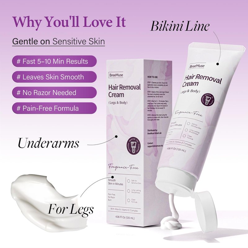 BreeMuse Hair Removal Cream for Women, Painless Depilatory Cream for Legs, Bikini Line & Underarms, Fast 5-10 Minute Body Hair Remover for Sensitive Skin with Moisturizing & Smoothing Formula