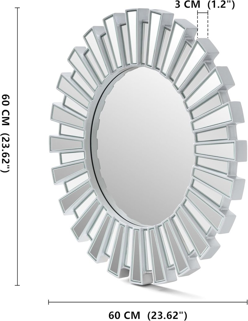 Silver Sunburst Wall Mirror - 23.6" Large Round Beveled Decorative Accent for Living Room & Bedroom