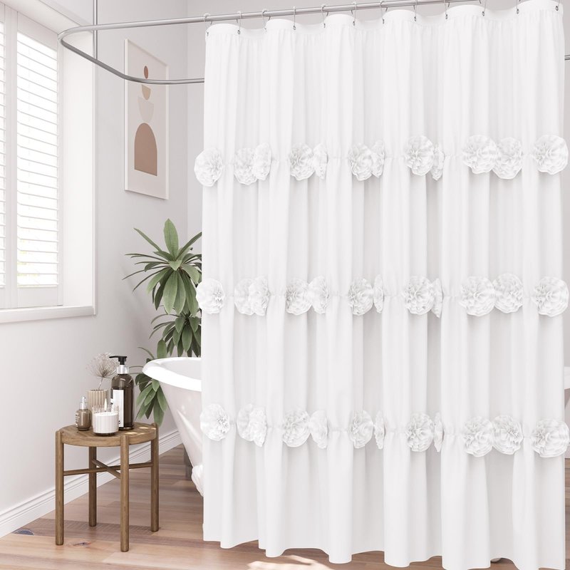 AmazerBath White Ruffle Shower Curtain, 72 x 72 Inches Vintage Boho Farmhouse Floral Ruffled Bath Fabric, Elegant Shower Curtain for Bathroom