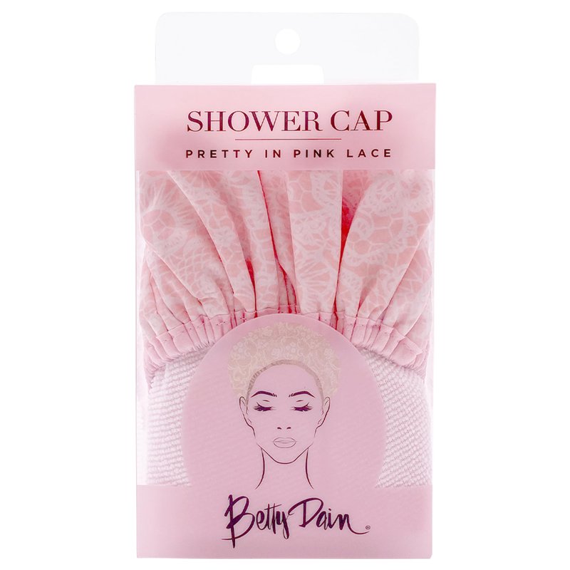 Reusable Nylon Shower & Bath Cap, Reversible Oversized Waterproof Shower Caps Large Designed for all Hair Lengths w Terry Lining & Elastic Band Stretch Hem Hair Hat - Socialite Pretty in Pink Lace