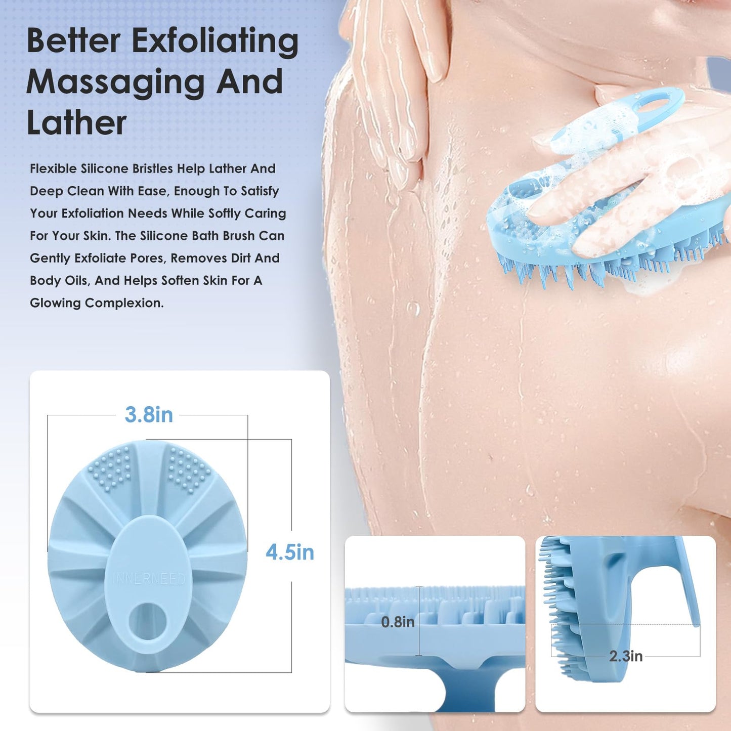 INNERNEED Food-Grade Silicone Body Scrubber Bath Shower Cleansing Brush, Gentle Exfoliating and Massaging, Nice Foaming, More Hygienic and Last Longer (Light Blue)