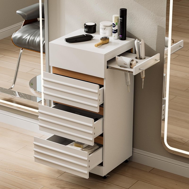 Belandi Salon Trolley Cart with Lockable Wheels, Rolling Hair Cart with 3 Dryer Holders for Hair Stylist, Wall Mount Makeup Organizer Stations Cabinet for Beauty Spa Barbershop Tattoo(White)