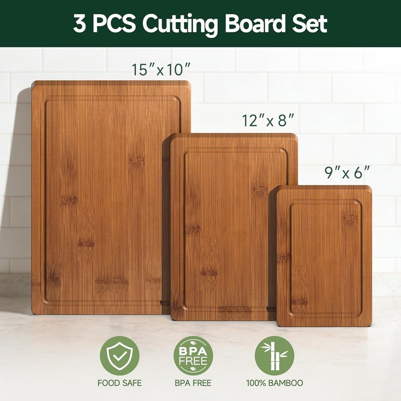 Bamboo Cutting Board Set - 3-Piece Crack-Resistant Chopping Boards with Juice Grooves | Pre-Oiled Butcher Block for Meat, Veggies & Cheese