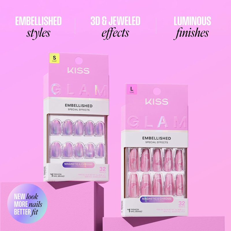 Kiss Glam Press On Nails - Stardust Wonder Pink Almond Shape | 32 Nails, Glue & Manicure Tools Included