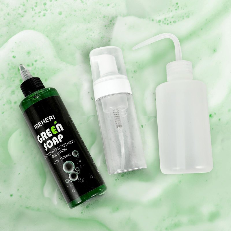 iseheri Ultra Concentrated Green Soap Tattoo (10 oz) with 120ml Foaming Bottle and 8 oz Squeeze Bottle – Tattoo Supplies for Tattoos, Piercings, Skin and Equipment Cleaning