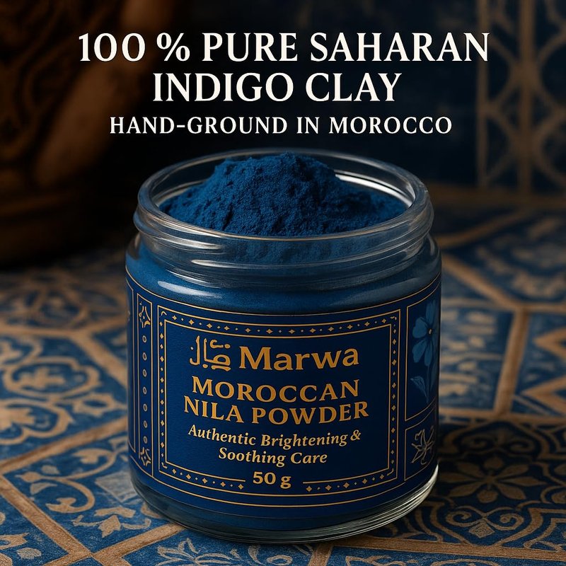 Dar Marwa Moroccan Nila Powder – 100% Pure Saharan Indigo Face, Body & Hair Mask | Brightens, Exfoliates & Evens Skin Tone | Handmade Hammam Ritual | Vegan, Detoxifying | 1.7 Oz (50g)