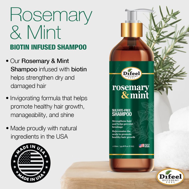 Difeel Rosemary Mint Strengthening Shampoo with Biotin 33.8 oz. - Made with Natural Rosemary Oil for Hair Growth