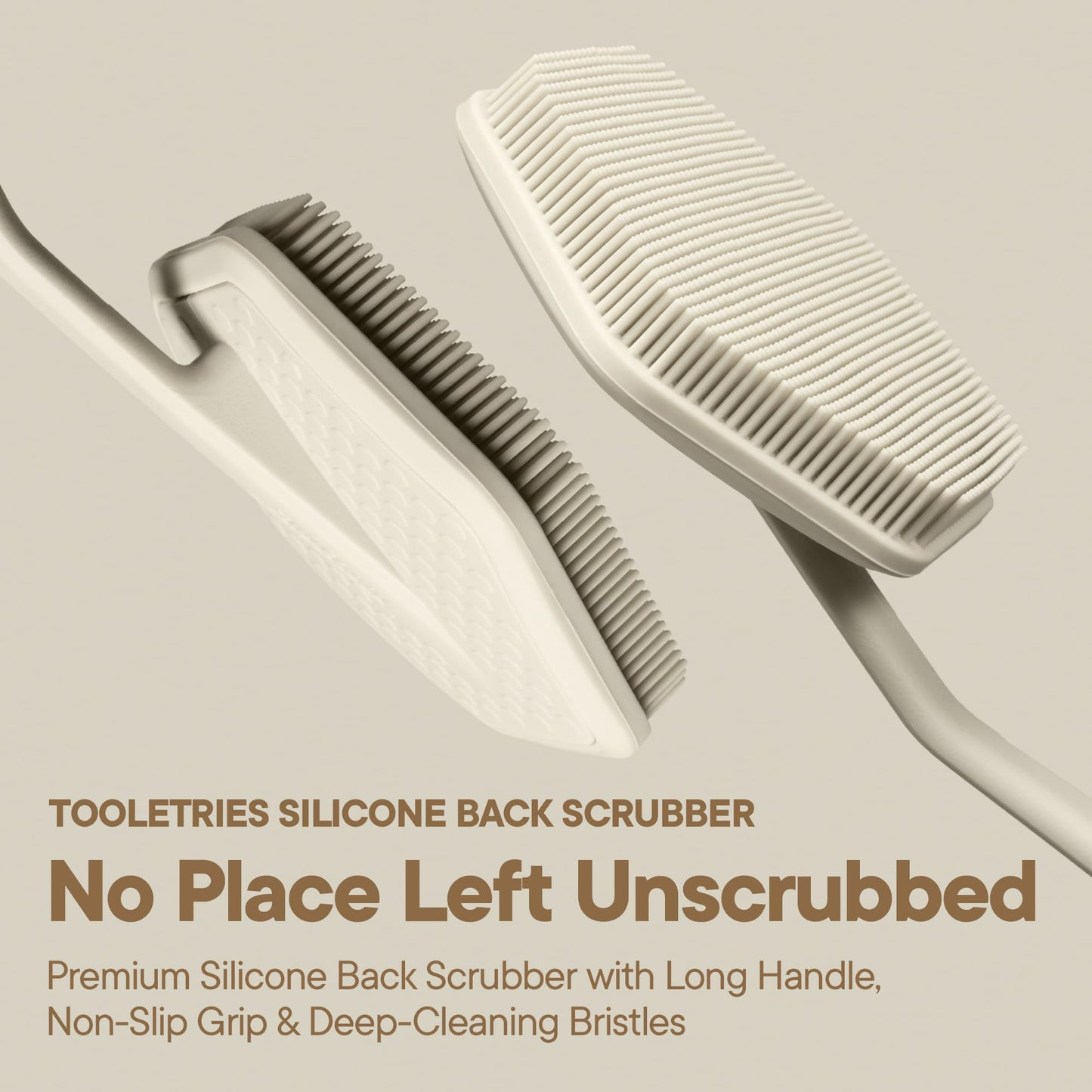 TOOLETRIES Silicone Back Scrubber for Shower Exfoliating Back Brush for Men with Long Handle, Non Slip Grip Body Washer to Clean Hard to Reach Areas, Durable Bath Accessory - Sand