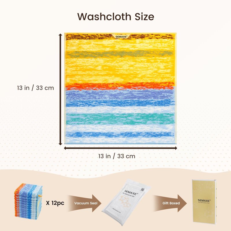 SEMAXE 100% Cotton Washcloths 12-Pack, 13 × 13 Inch Soft Face Towels with Hanging Loop, Absorbent & Quick Dry, Bathroom Shower Kitchen Use