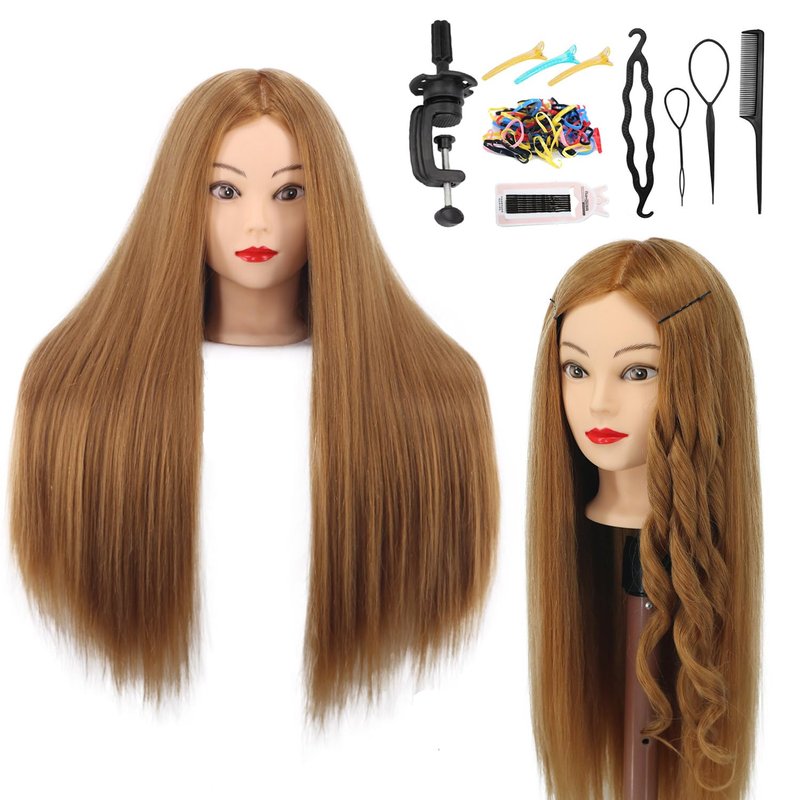 Mannequin Head Human Hair, 80% Real Hair 26-28" Cosmetology Mannequin Head Hair Styling Hairdressing Practice Training Doll Heads with Clamp Holder and Tools (#27 Light Brown)