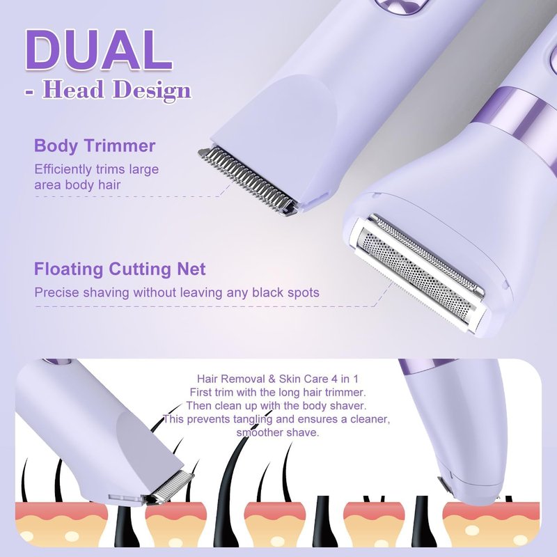 Hatteker Women's Electric Razor - 4-in-1 Dual-Head Trimmer | IPX7 Waterproof Rechargeable, Purple