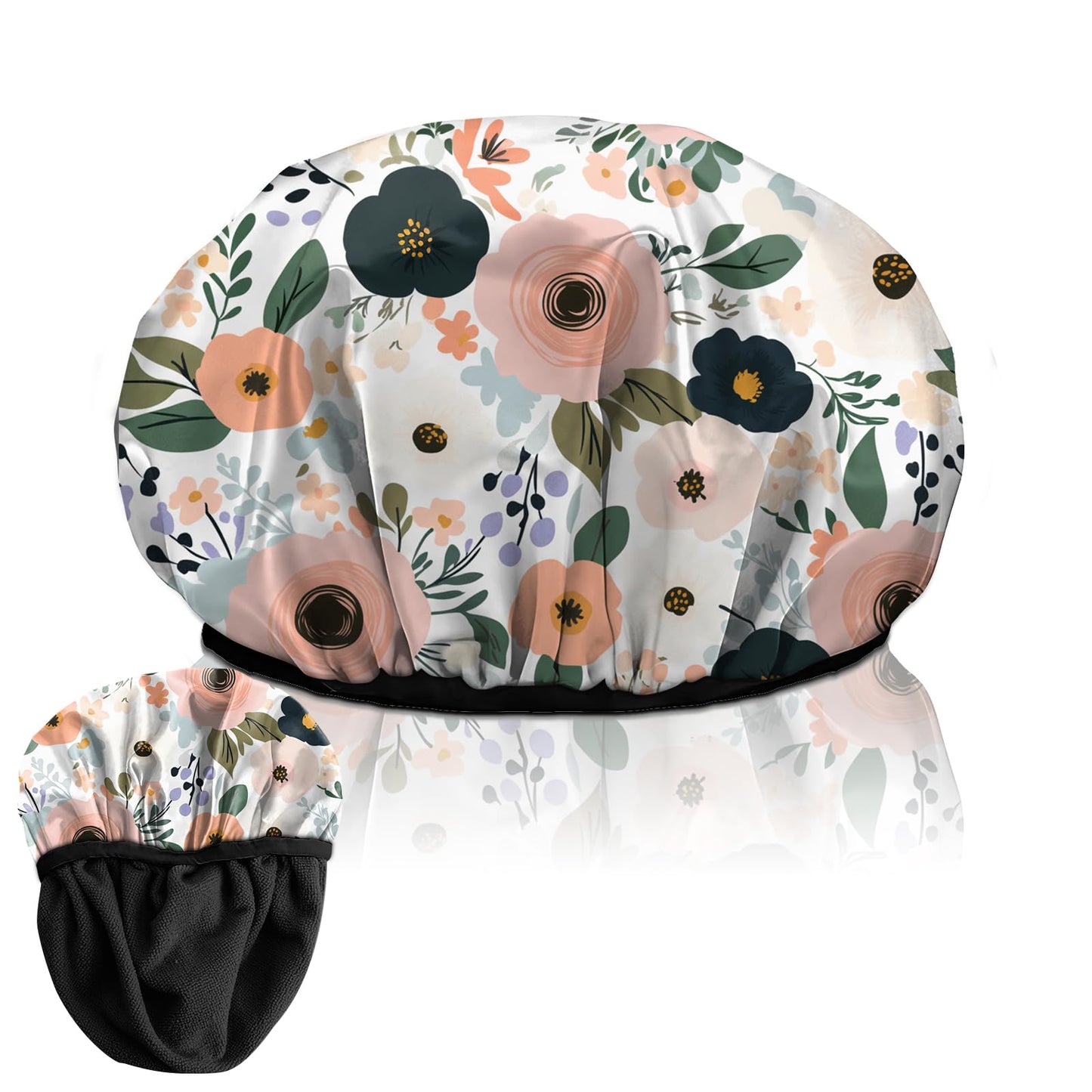 Deokke Luxury Shower Cap Terry Lined Elastic Triple Layer Waterproof Reusable Dry Hair Bathing Caps Aesthetic Cute for Women Girls-Flower