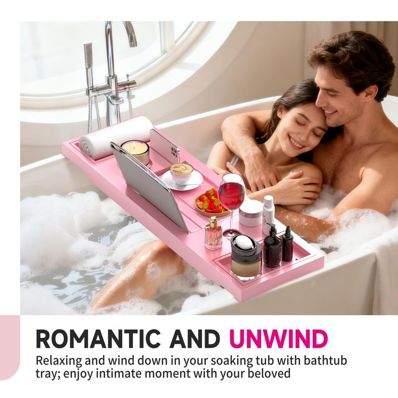 Foldable Bathtub Caddy Tray, Bamboo Bath Tub Tray Table for Tub with Wine Glass Holder Book Phone Tablet Holder with Extending Sides, Adjustable Bathroom Bathtub Free Soap Holder Gift Idea (Pink)