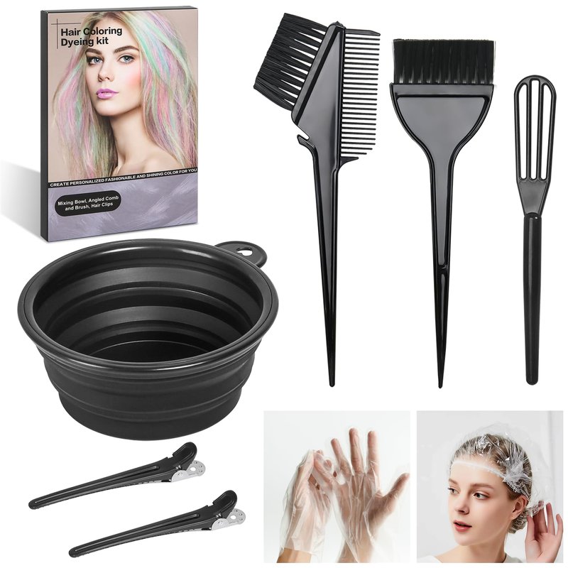 ROOHUA 8 Pcs Hair Coloring Kit - Professional Hair Dye Tools for Home Salon Use with Bowl, Brush, Comb, Clips, Gloves & Shower Cap - Reusable Supplies (8, Black)